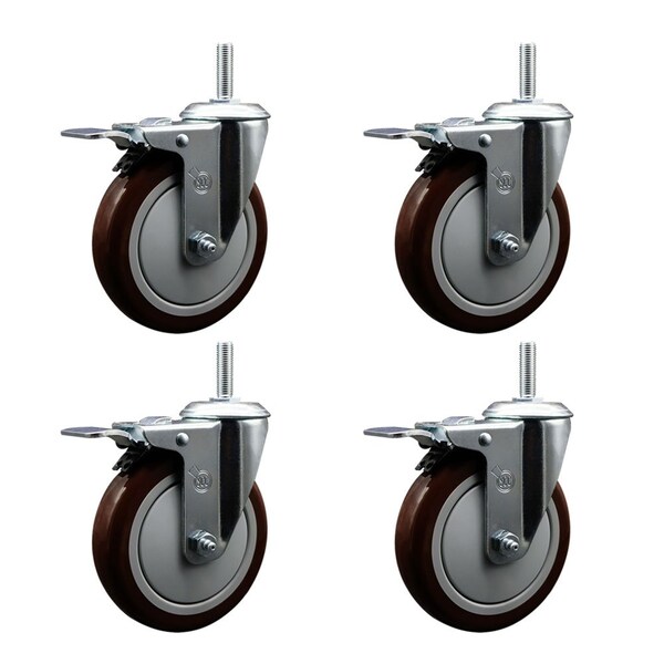 Service Caster 5 Inch Maroon Polyurethane Swivel 34 Inch Threaded Stem Caster Set with Total Lock Brake SCC-TSTTL20S514-PPUB-MRN-34212-4 - main